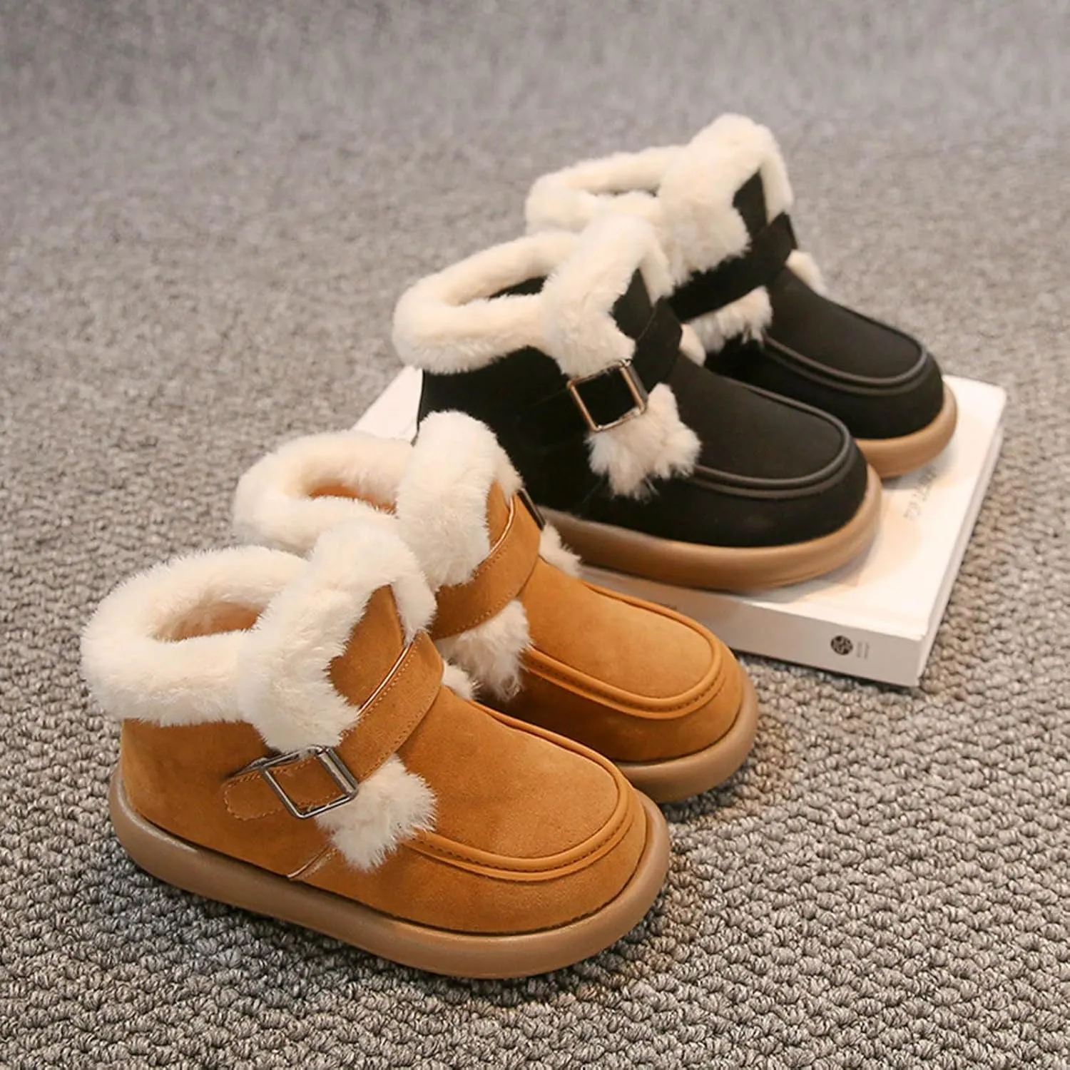 Kids Furry Warm Winter Ankle Boots Boys Girls Cozy Fleece Plush Soft Fuzzy F𝐮r Collar Snow-Proof Platform Shoes