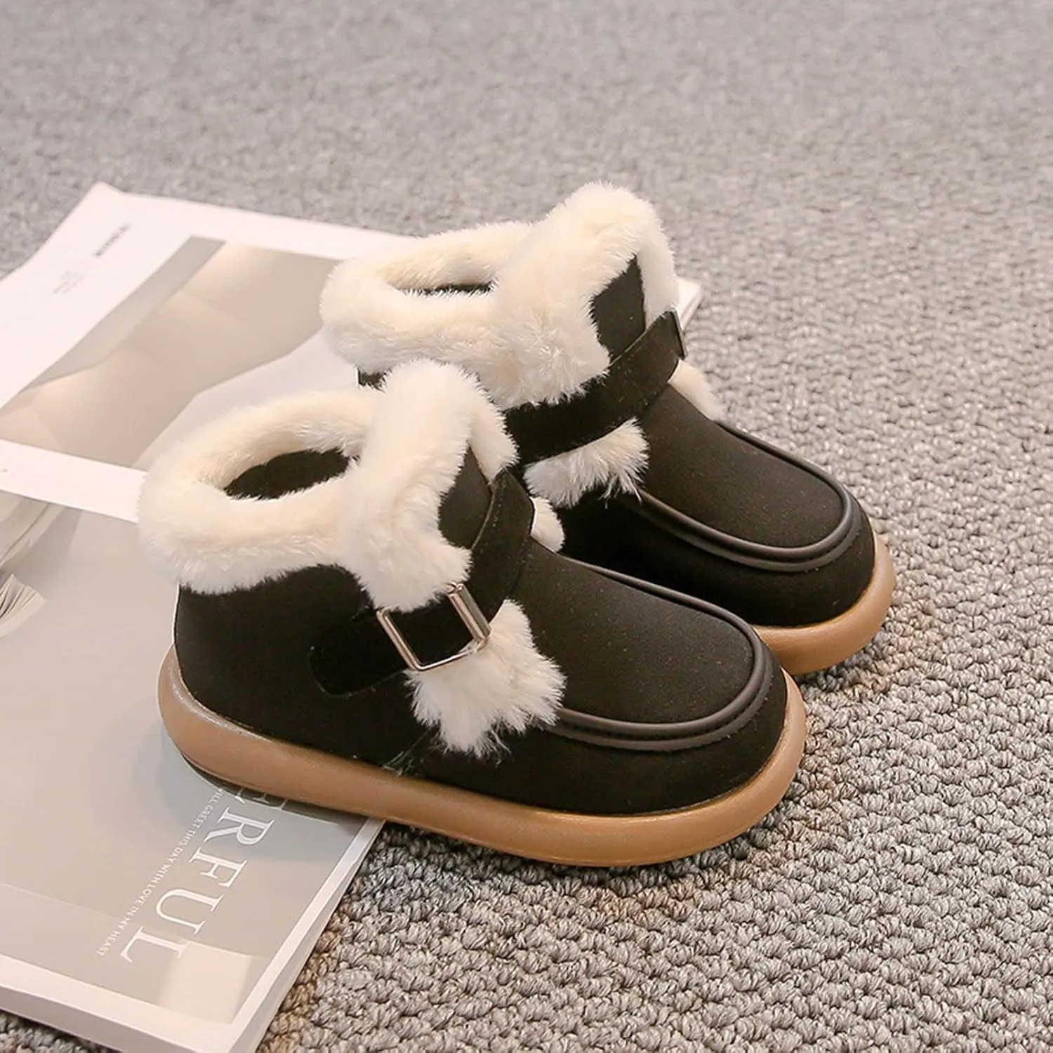 Kids Furry Warm Winter Ankle Boots Boys Girls Cozy Fleece Plush Soft Fuzzy F𝐮r Collar Snow-Proof Platform Shoes