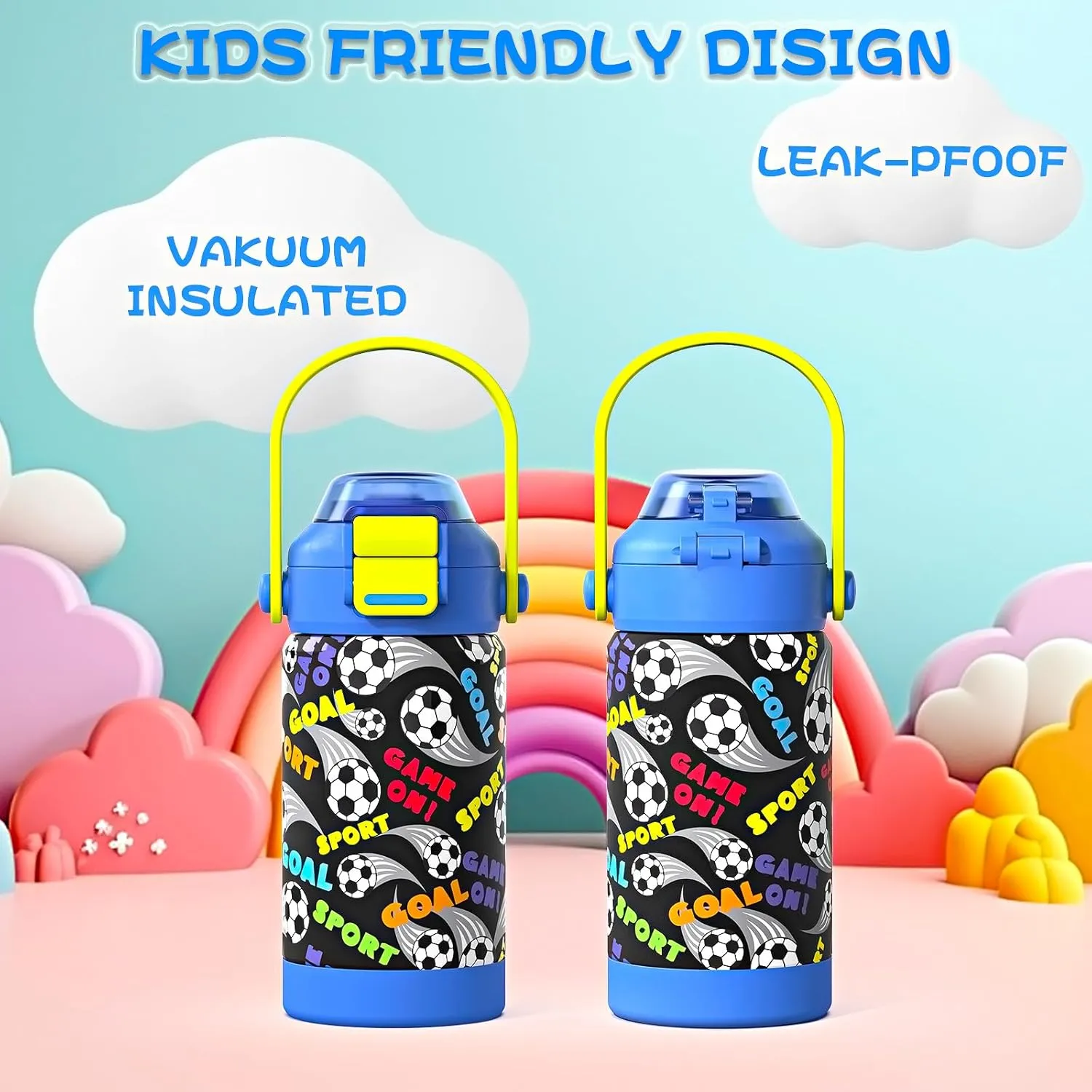 Kids Insulated Water Bottle with Pop-Open Straw & Spout 2-in-1 Lid,12oz Toddler Cups with Stainless Steel Leak Proof for School Travel Boys Girls（Football）