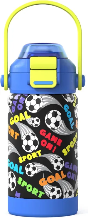 Kids Insulated Water Bottle with Pop-Open Straw & Spout 2-in-1 Lid,12oz Toddler Cups with Stainless Steel Leak Proof for School Travel Boys Girls（Football）