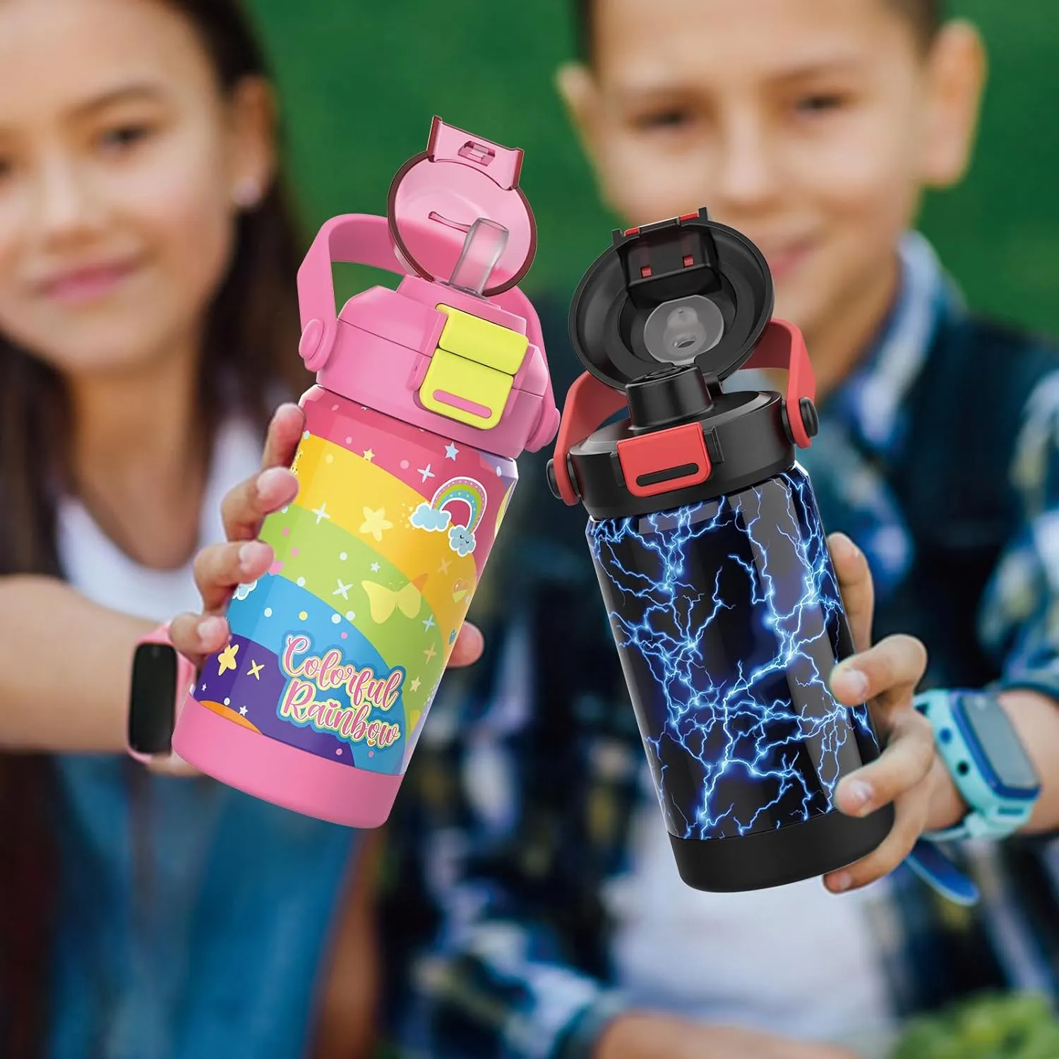 Kids Insulated Water Bottle with Pop-Open Straw & Spout 2-in-1 Lid,12oz Toddler Cups with Stainless Steel Leak Proof for School Travel Boys Girls（Football）
