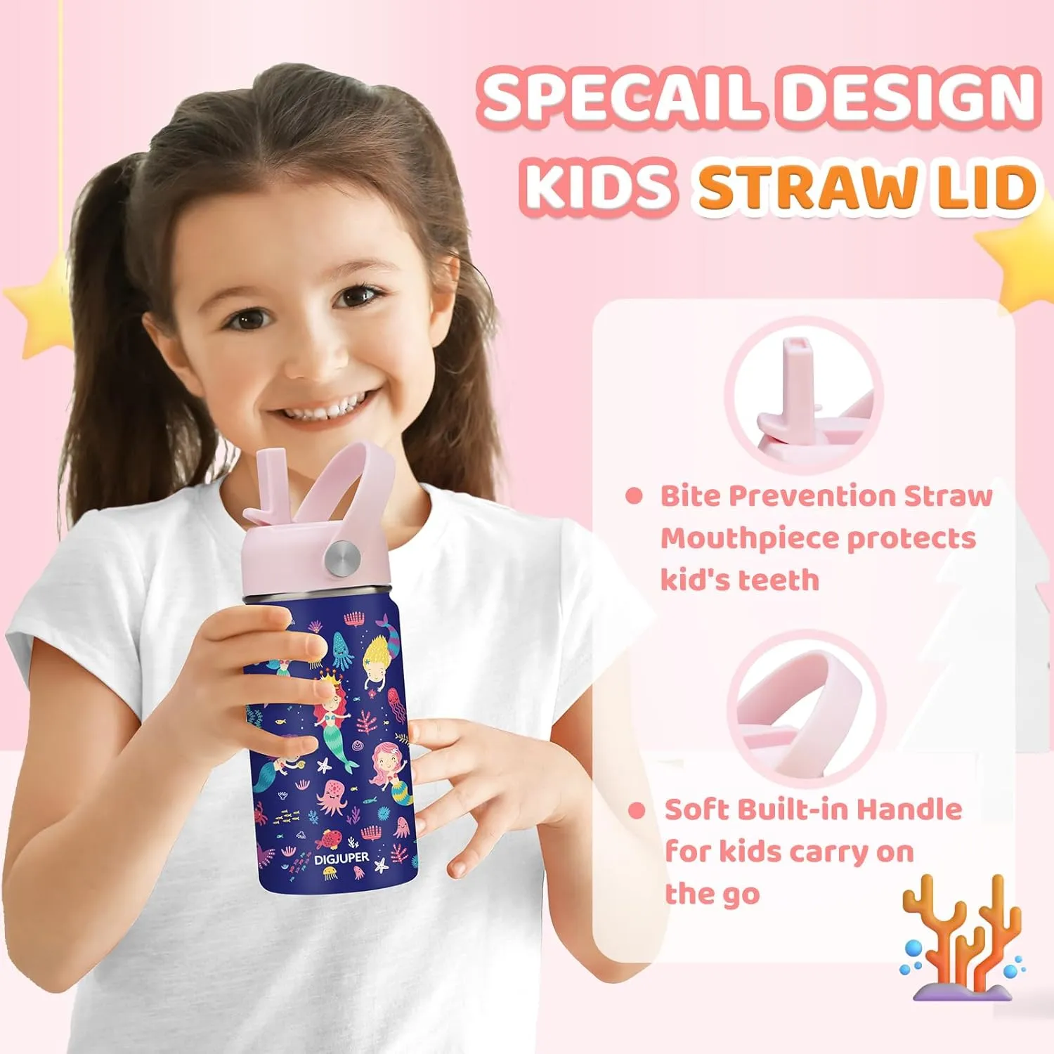 Kids Insulated Water Bottles 2 Pack - 12 oz Girls Water Bottle w/Straw & Handle, BPA-free & Leak Proof, Stainless Steel Cute Modern Hydro Cup for Toddlers School, Simple Thermo Canteen Mug Tumbler