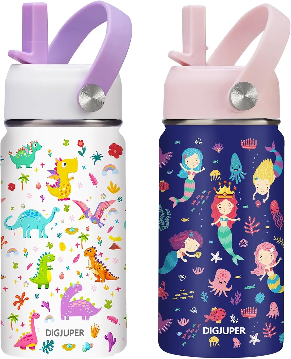Kids Insulated Water Bottles 2 Pack - 12 oz Girls Water Bottle w/Straw & Handle, BPA-free & Leak Proof, Stainless Steel Cute Modern Hydro Cup for Toddlers School, Simple Thermo Canteen Mug Tumbler