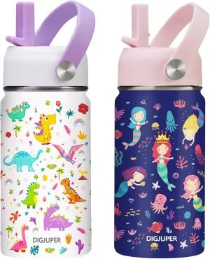 Kids Insulated Water Bottles 2 Pack - 12 oz Girls Water Bottle w/Straw & Handle, BPA-free & Leak Proof, Stainless Steel Cute Modern Hydro Cup for Toddlers School, Simple Thermo Canteen Mug Tumbler