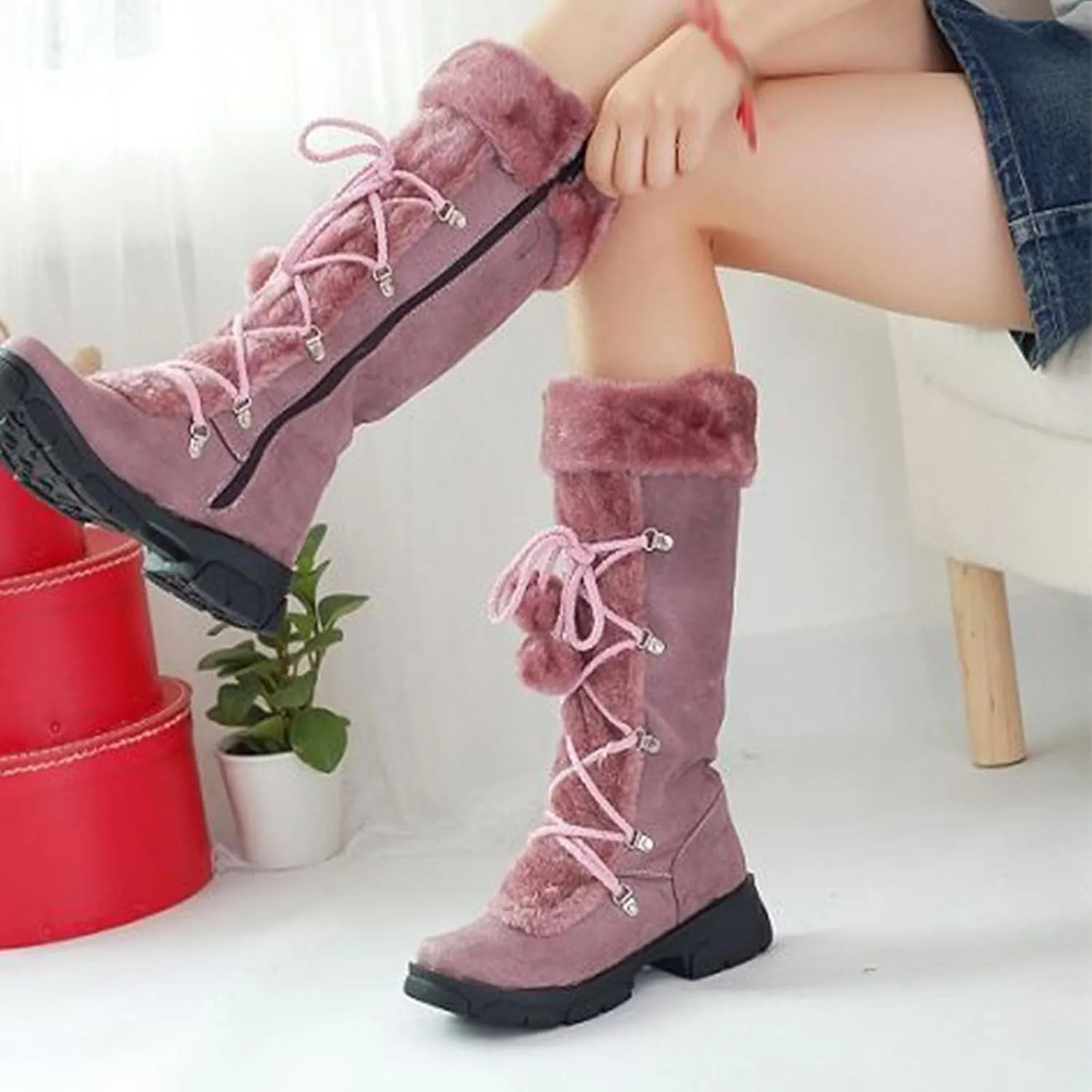 Knee-High Snow Boots, Straight Mid-Calf Boots Round Toe Thick Low Heel Front Lace-Up Plush Warm Straight Boots Suede Non-Slip Raw Edge Women's Boots