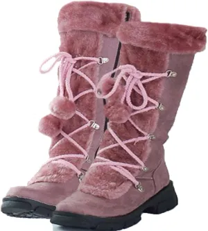 Knee-High Snow Boots, Straight Mid-Calf Boots Round Toe Thick Low Heel Front Lace-Up Plush Warm Straight Boots Suede Non-Slip Raw Edge Women's Boots