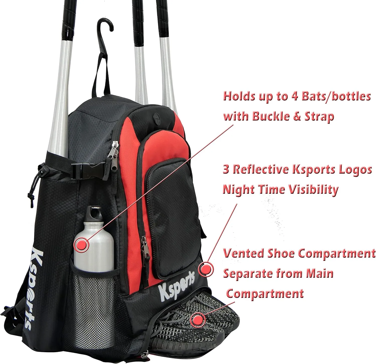 Ksports Baseball Backpack - Durable T-Ball & Softball Equipment Bag - Bat, Helmet, Glove, Gear Storage - Shoe Compartment & Fence Hook - Ideal for Amateur & Professional Players