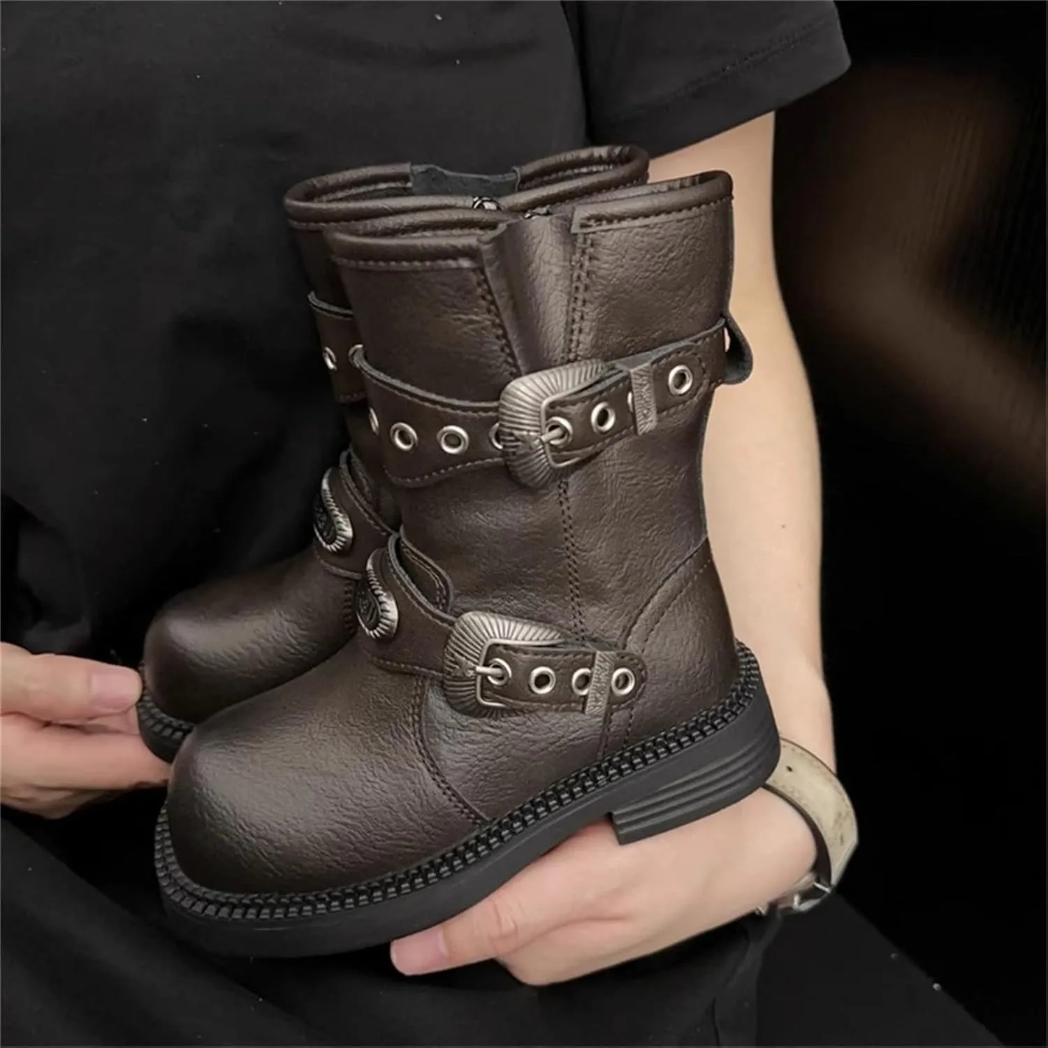 Leather 𝐖aterproof Boots For Girls Kids Side Zipper Soft Sole 𝗟ow Heel Shoes Little Kid Mid Length Cowboy Booties