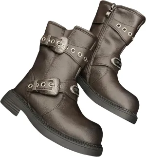 Leather 𝐖aterproof Boots For Girls Kids Side Zipper Soft Sole 𝗟ow Heel Shoes Little Kid Mid Length Cowboy Booties