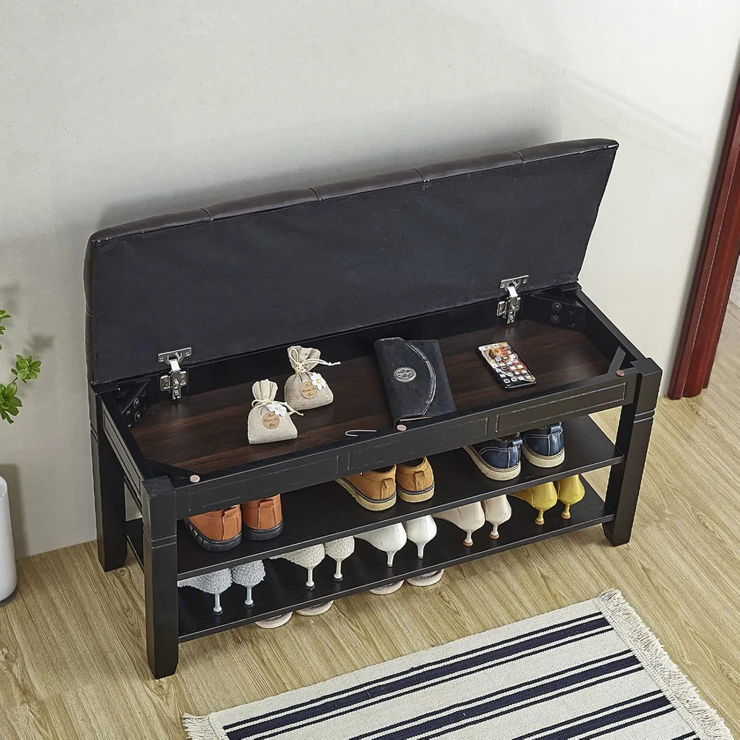 LEILISI Shoe Bench, Storage Rack Organizer with Cushion 2 Tier Lift Top Shoe Rack for Entryway Living Room Bedroom Hallway Wooden Furniture (Black, 39.4'')
