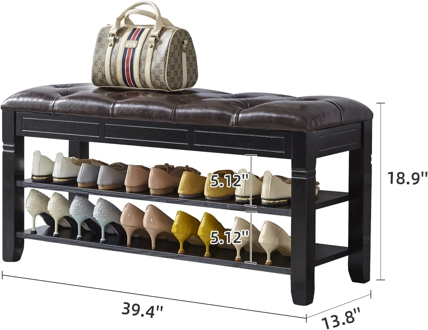 LEILISI Shoe Bench, Storage Rack Organizer with Cushion 2 Tier Lift Top Shoe Rack for Entryway Living Room Bedroom Hallway Wooden Furniture (Black, 39.4'')