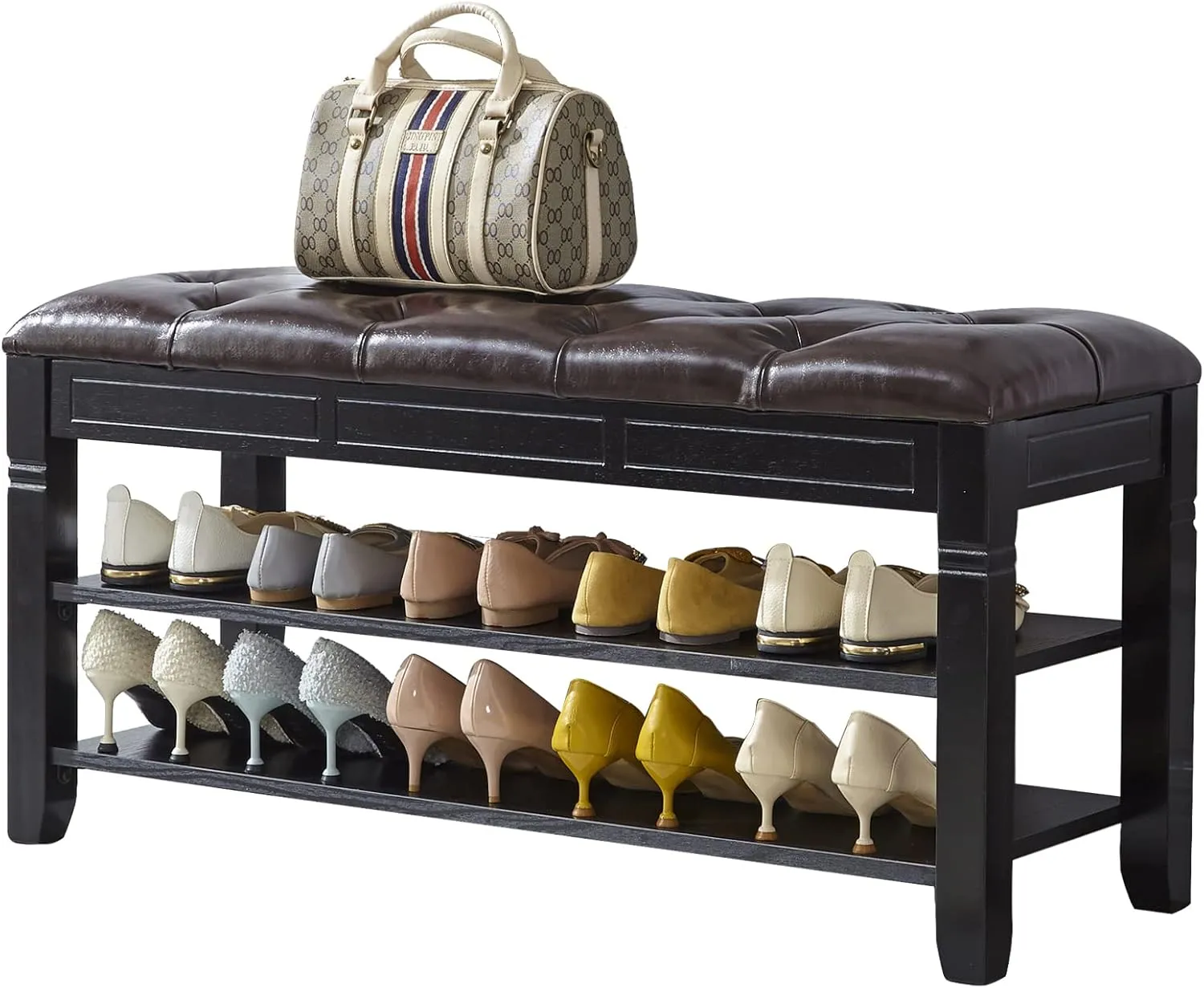 LEILISI Shoe Bench, Storage Rack Organizer with Cushion 2 Tier Lift Top Shoe Rack for Entryway Living Room Bedroom Hallway Wooden Furniture (Black, 39.4'')