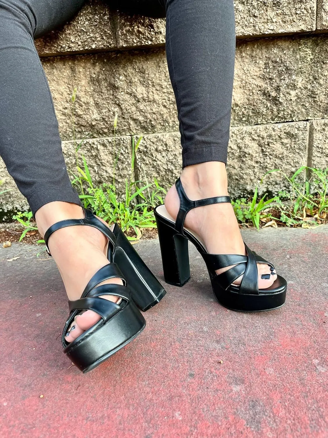 Liliana Women's Chunky Platform Heels Open Toe Ankle Strap High Heeled Sandals, Black