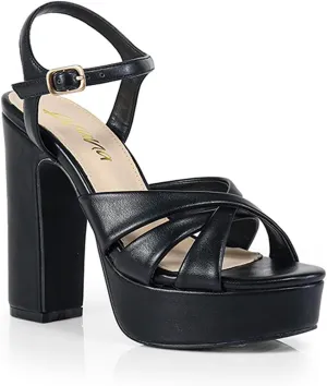 Liliana Women's Chunky Platform Heels Open Toe Ankle Strap High Heeled Sandals, Black