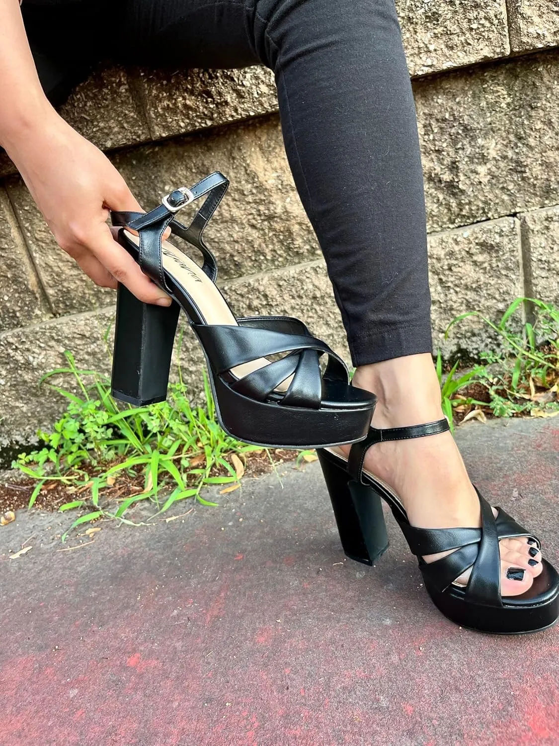 Liliana Women's Chunky Platform Heels Open Toe Ankle Strap High Heeled Sandals, Black