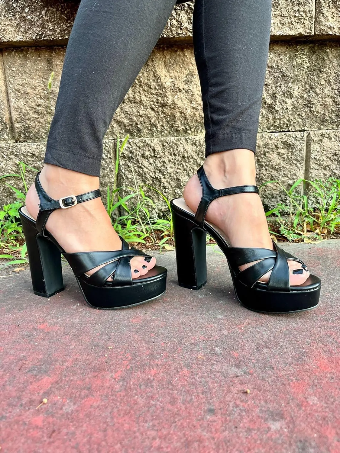 Liliana Women's Chunky Platform Heels Open Toe Ankle Strap High Heeled Sandals, Black