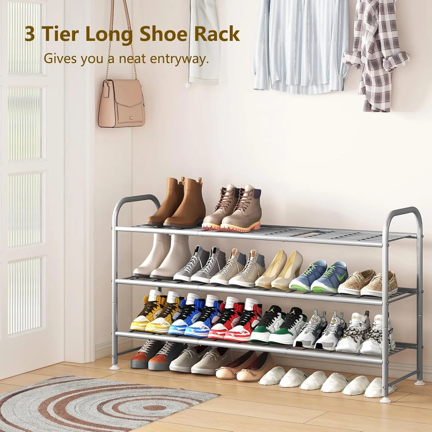 LINZINAR Shoe Rack 3 Tier Long Metal Shoe Organizer for Closet Entryway Grey