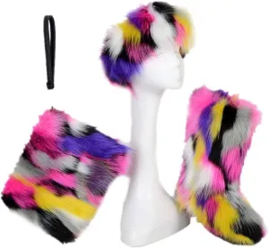 LVCOMEFF Women Faux Fur Snow Boot with Fur Lining Handbag Headband 3 Packs Pieces Set Winter Warm Outwear Furry Fluffy