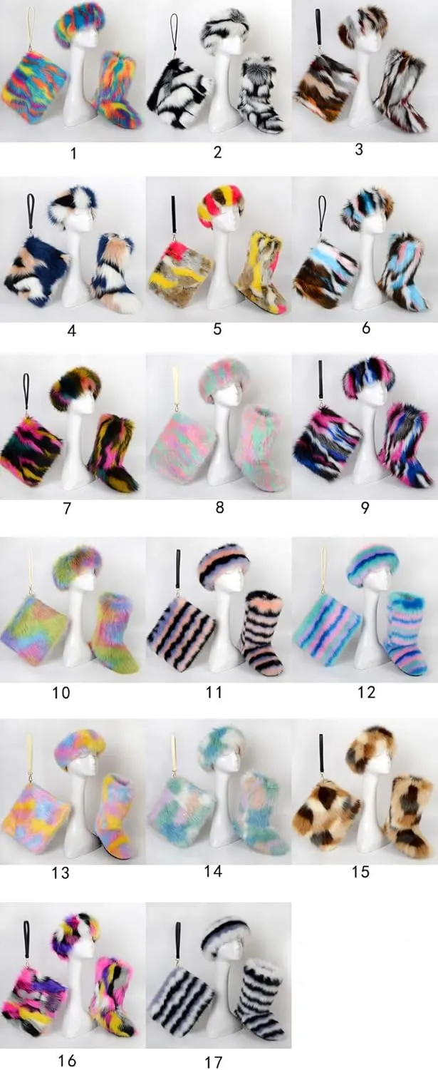 LVCOMEFF Women Faux Fur Snow Boot with Fur Lining Handbag Headband 3 Packs Pieces Set Winter Warm Outwear Furry Fluffy