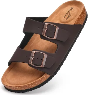 Mabove Mens Slides with Cork Footbed - Open Toe, Adjustable Webbing Flat Sandals for Walking, Beach & Indoor