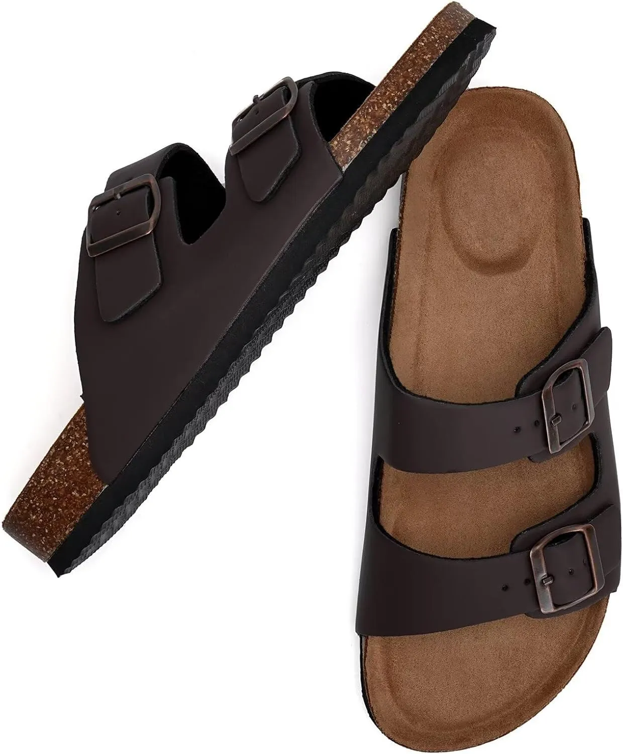 Mabove Mens Slides with Cork Footbed - Open Toe, Adjustable Webbing Flat Sandals for Walking, Beach & Indoor