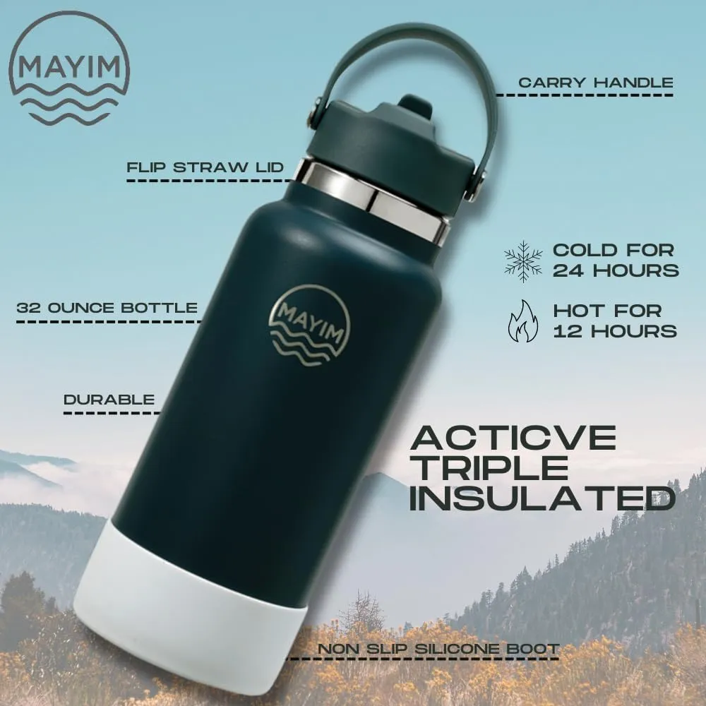 MAYIM 32 Oz Active Triple Insulated Sports Water Bottle with Straw, Leak Proof Stainless Steel Tumbler with Handle, Spill Proof Thermos or Water Jug for Gym, Home or Office - Slate