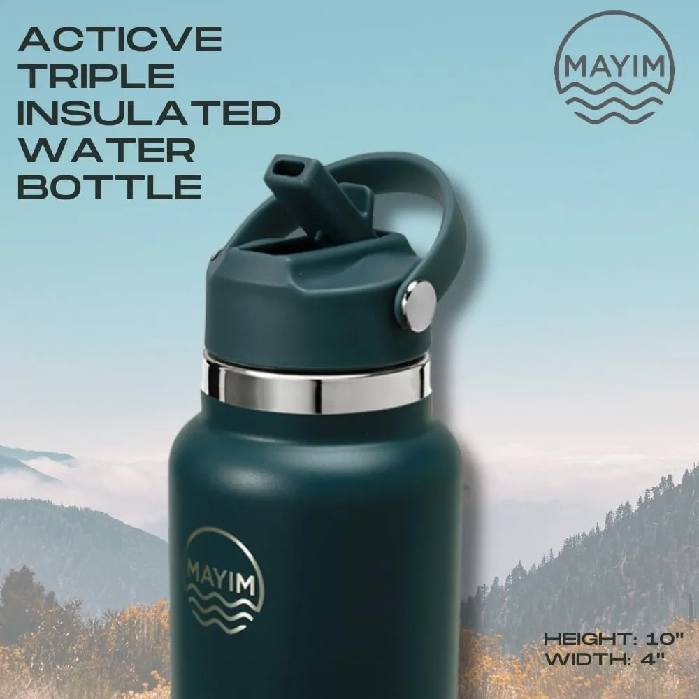 MAYIM 32 Oz Active Triple Insulated Sports Water Bottle with Straw, Leak Proof Stainless Steel Tumbler with Handle, Spill Proof Thermos or Water Jug for Gym, Home or Office - Slate