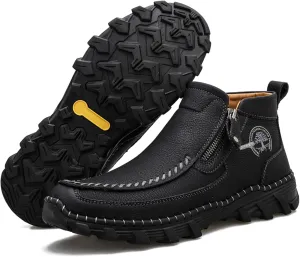 Men's Hand Stitching Leather Slip On Ankle Boots Side Zipper Casual Comfort Moccasin Chukka Boots Outdoor Walking Loafers for Working Driving Hiking