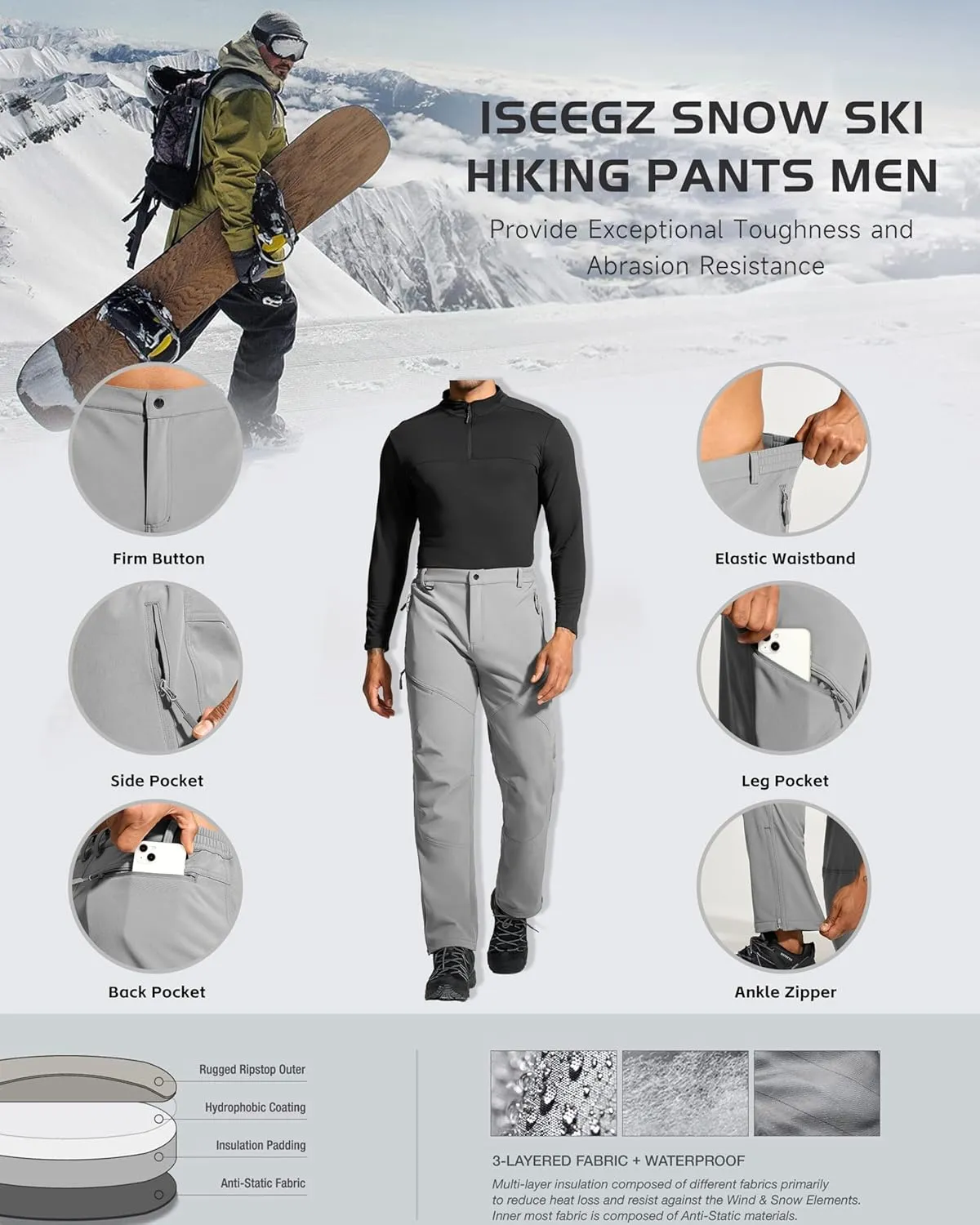 Mens Snow Ski Hiking Pants Winter Fleece Lined Outdoor Waterproof Insulated Zipper Bottom Leg