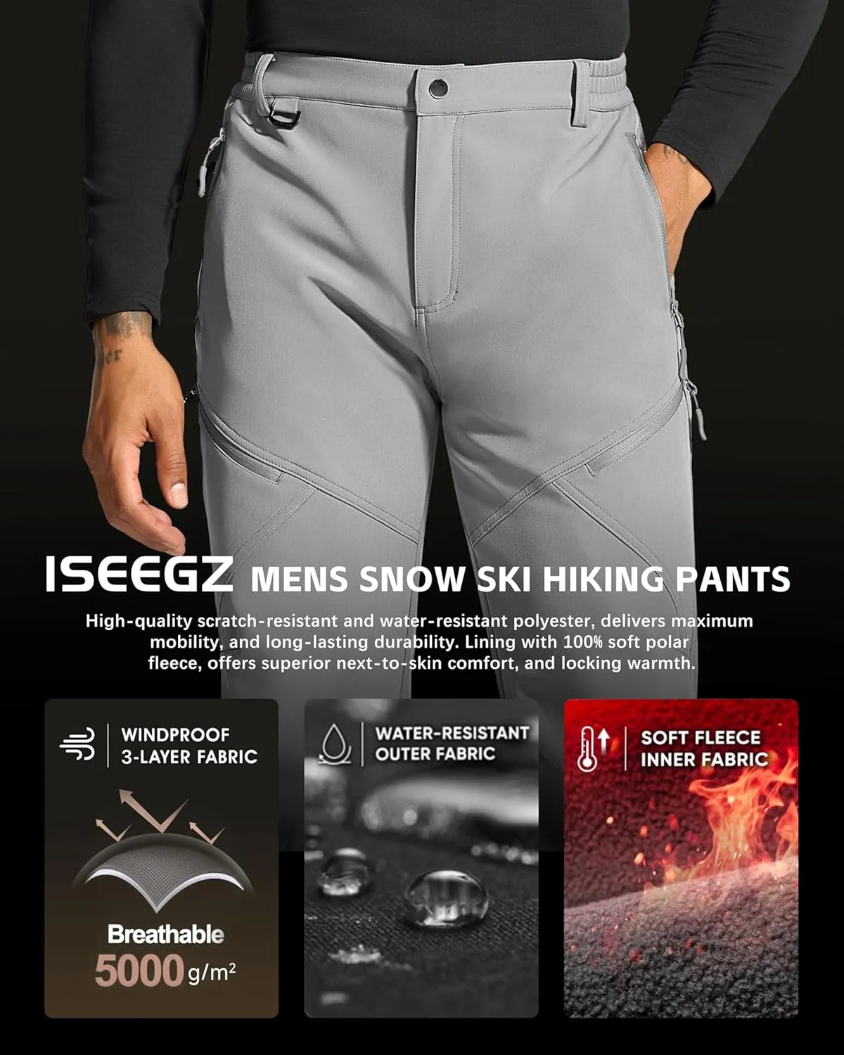 Mens Snow Ski Hiking Pants Winter Fleece Lined Outdoor Waterproof Insulated Zipper Bottom Leg