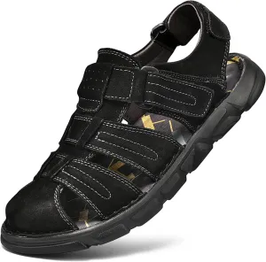 Mens Sport Sandals Closed Toe Leather Sandals Outdoor Adjustable Fisherman Summer Beach Shoes