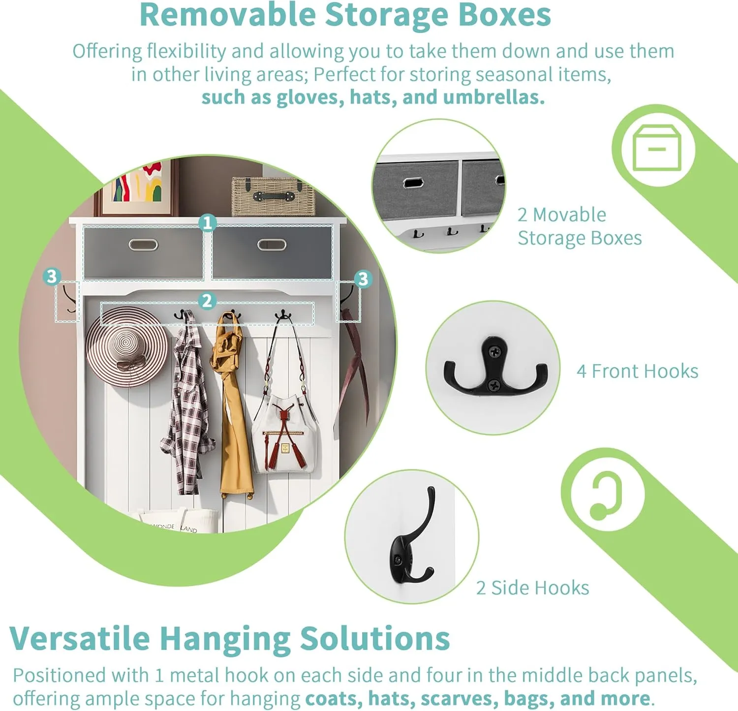 Merax Hall Tree with 4 Hooks and Hinged Lid, Coat Hanger, Entryway Bench, Storage Bench, 3-in-1 Design, for Entrance, Hallway (White, with Drawers)