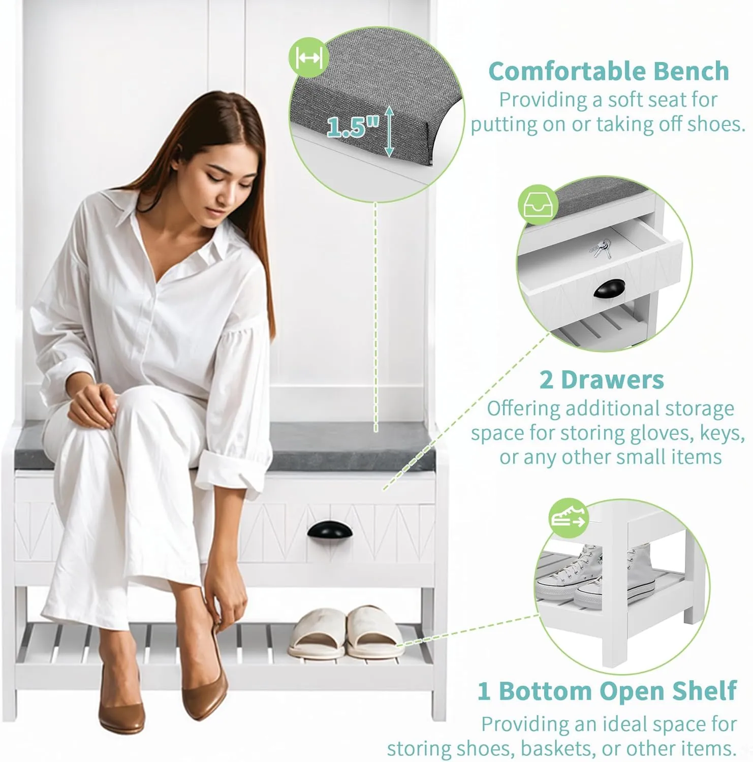 Merax Hall Tree with 4 Hooks and Hinged Lid, Coat Hanger, Entryway Bench, Storage Bench, 3-in-1 Design, for Entrance, Hallway (White, with Drawers)