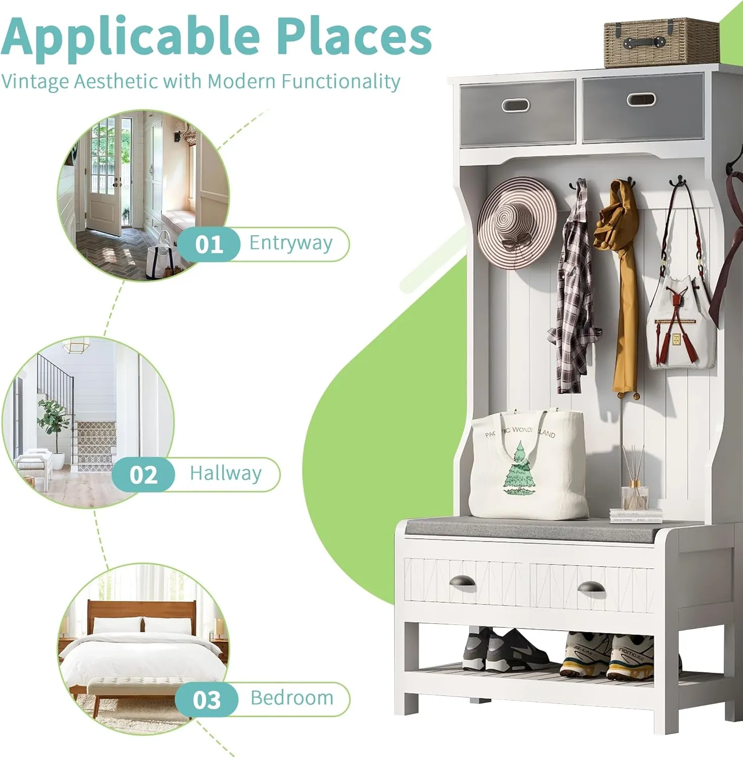 Merax Hall Tree with 4 Hooks and Hinged Lid, Coat Hanger, Entryway Bench, Storage Bench, 3-in-1 Design, for Entrance, Hallway (White, with Drawers)