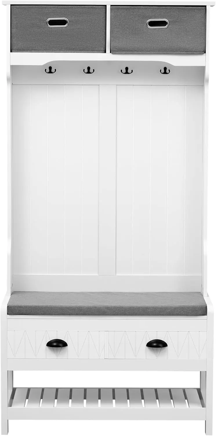 Merax Hall Tree with 4 Hooks and Hinged Lid, Coat Hanger, Entryway Bench, Storage Bench, 3-in-1 Design, for Entrance, Hallway (White, with Drawers)