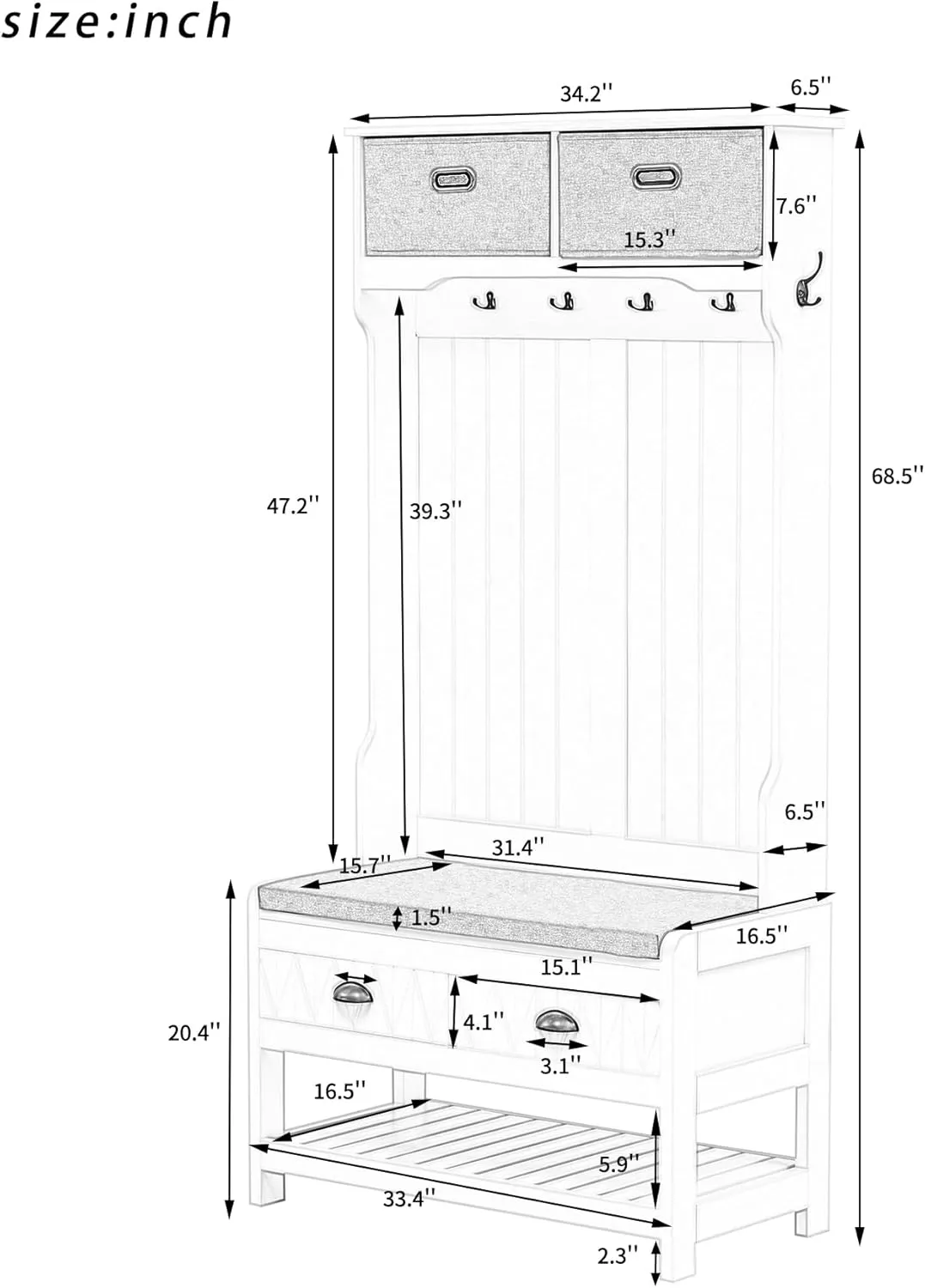 Merax Hall Tree with 4 Hooks and Hinged Lid, Coat Hanger, Entryway Bench, Storage Bench, 3-in-1 Design, for Entrance, Hallway (White, with Drawers)