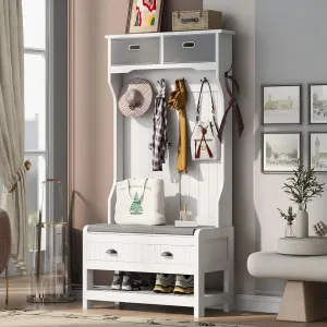 Merax Hall Tree with 4 Hooks and Hinged Lid, Coat Hanger, Entryway Bench, Storage Bench, 3-in-1 Design, for Entrance, Hallway (White, with Drawers)