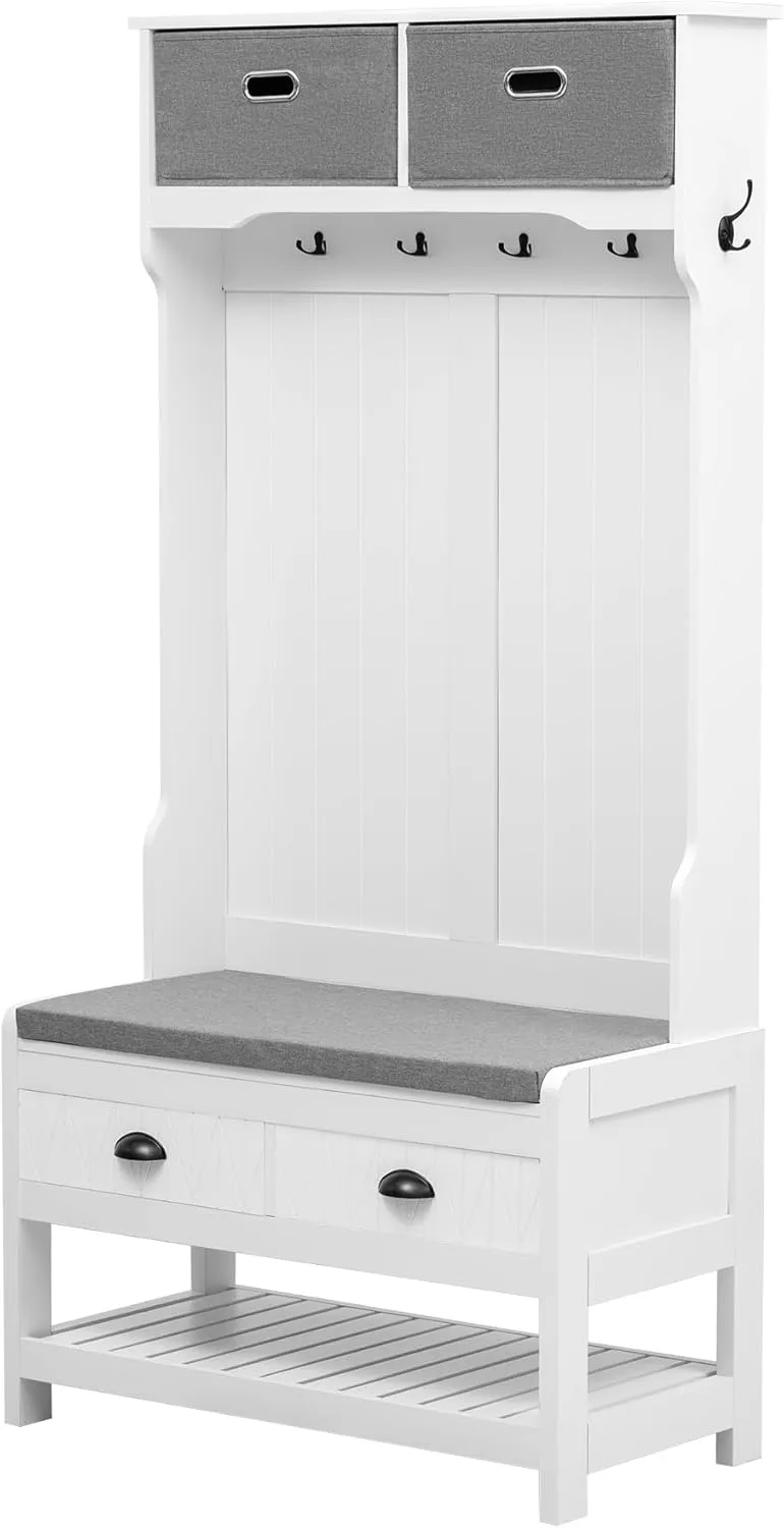 Merax Hall Tree with 4 Hooks and Hinged Lid, Coat Hanger, Entryway Bench, Storage Bench, 3-in-1 Design, for Entrance, Hallway (White, with Drawers)
