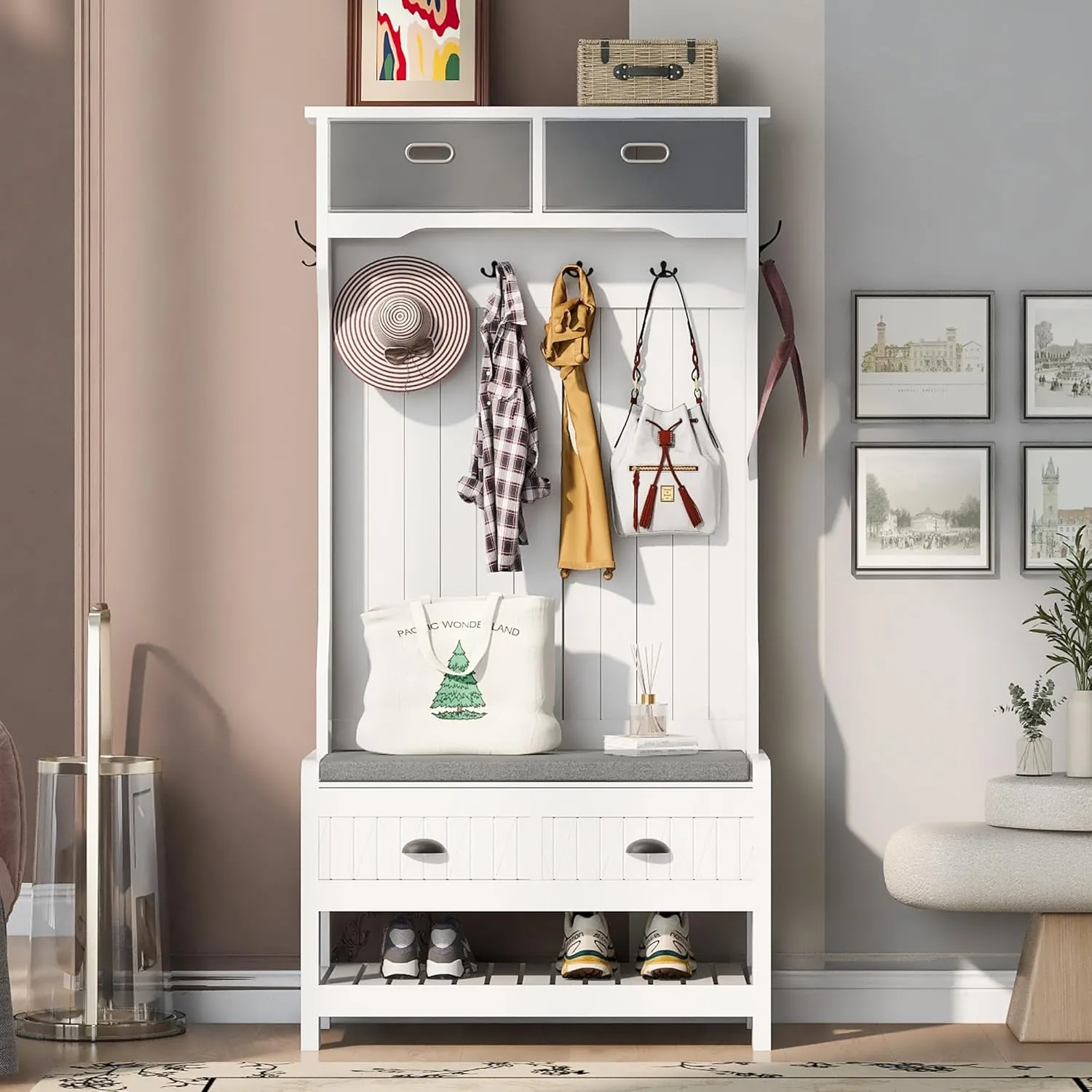 Merax Hall Tree with 4 Hooks and Hinged Lid, Coat Hanger, Entryway Bench, Storage Bench, 3-in-1 Design, for Entrance, Hallway (White, with Drawers)