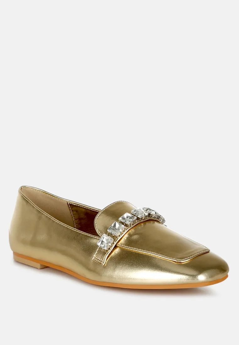 Metallic Diamante Strap Loafers by RUW