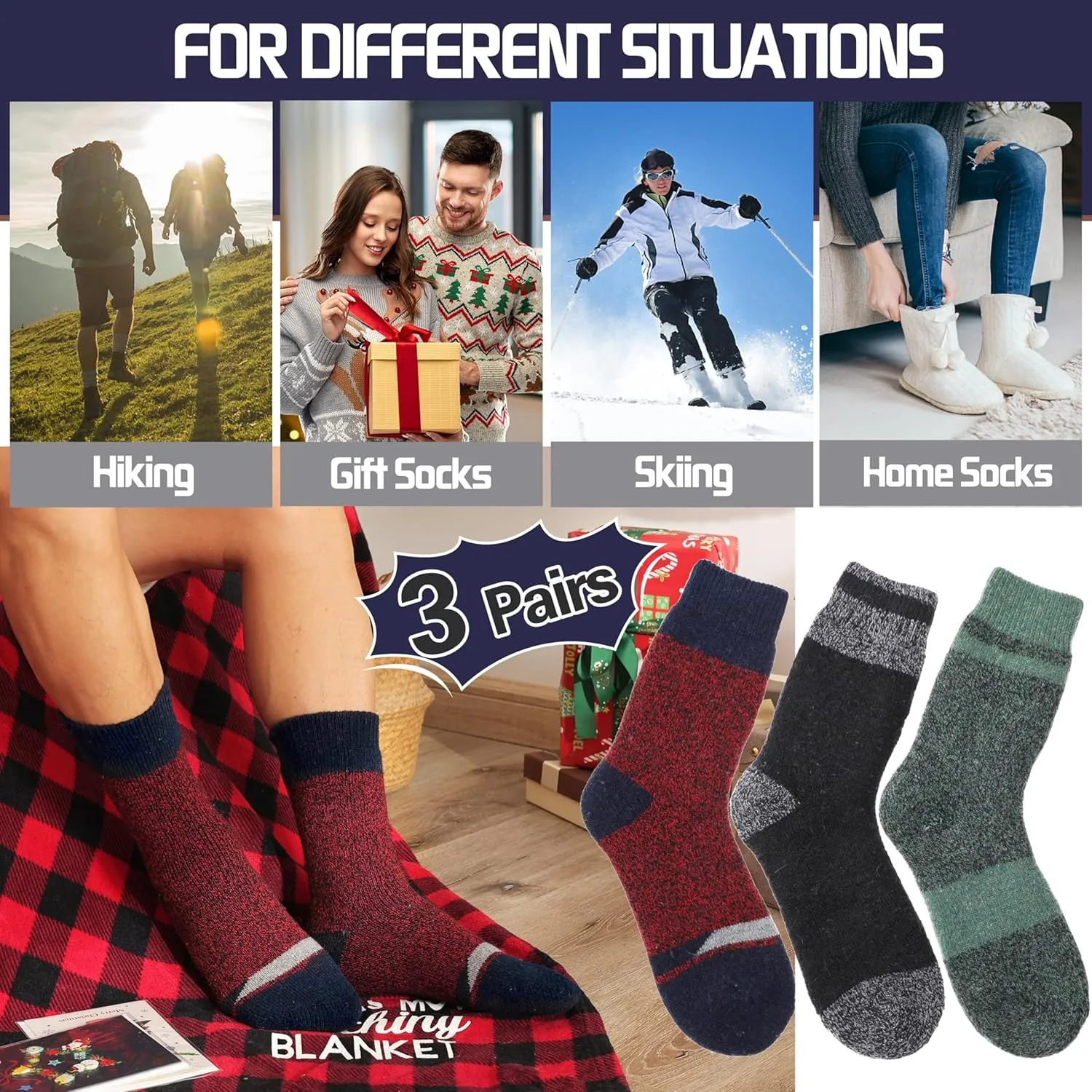 MOGGEI 3 Pairs Thermal Warm Socks for Men & Women Thick Winter Extra Warm Insulated Boot Ski Socks for Cold Weather