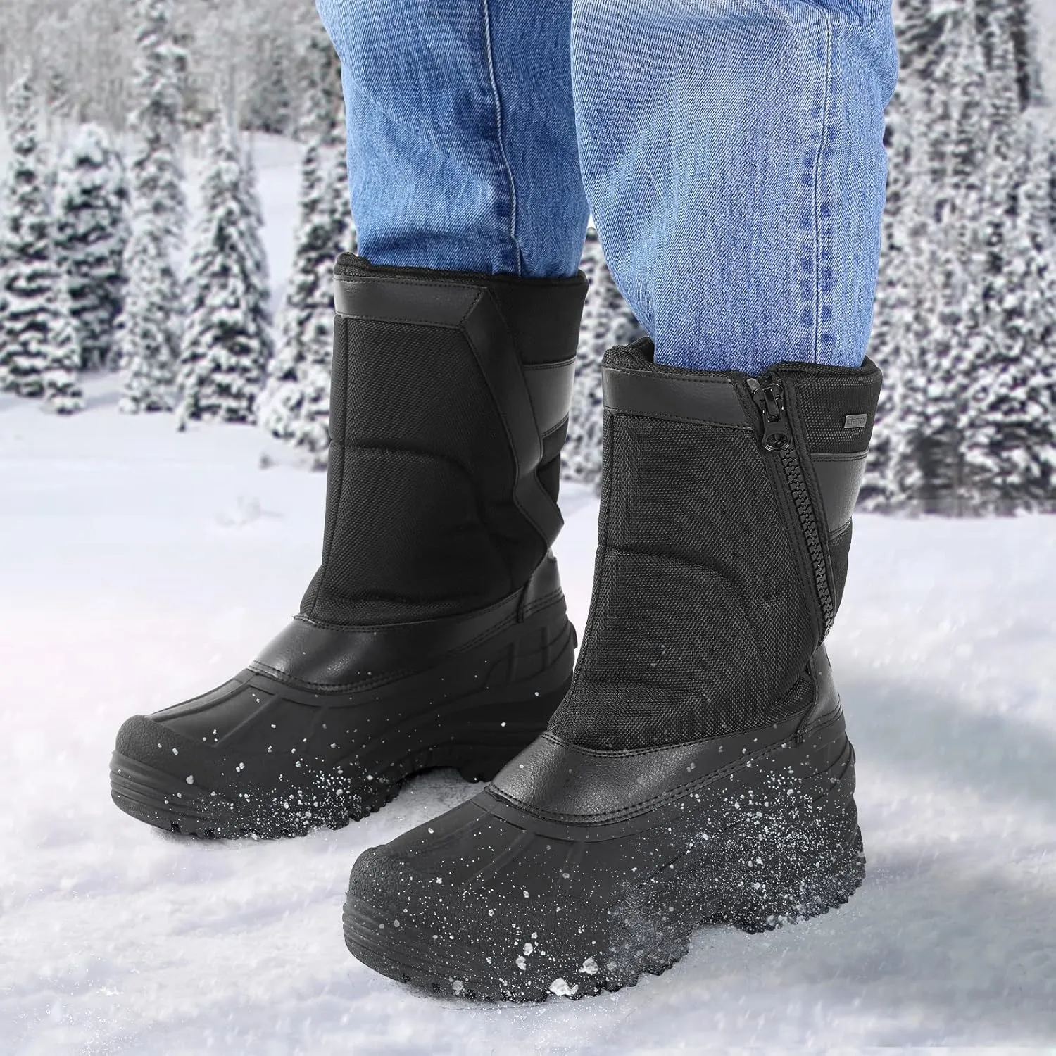 mysoft Men's Winter Snow Boots Mid Calf Waterproof Insulated Fur Lined Warm Anti-Slip Zip Boot