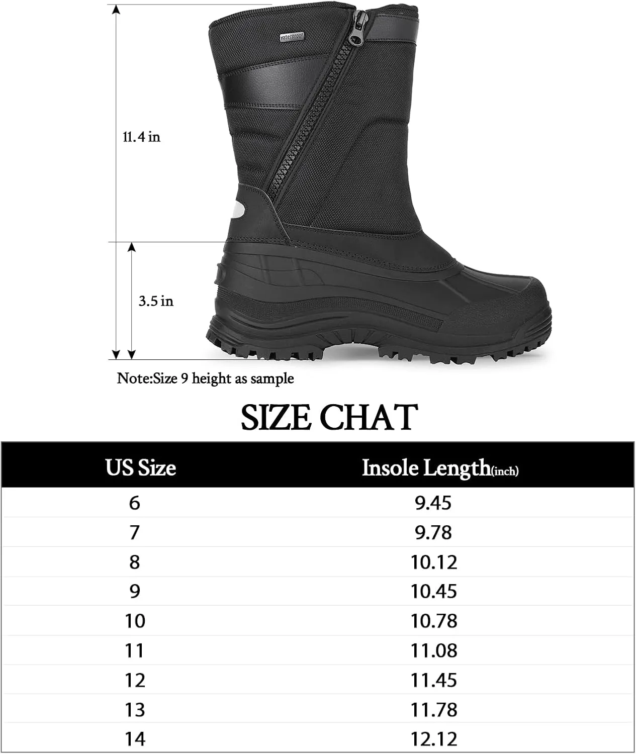 mysoft Men's Winter Snow Boots Mid Calf Waterproof Insulated Fur Lined Warm Anti-Slip Zip Boot