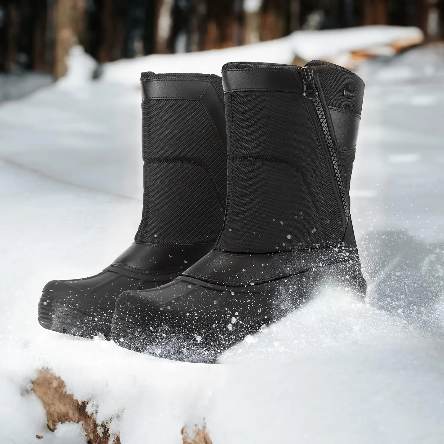 mysoft Men's Winter Snow Boots Mid Calf Waterproof Insulated Fur Lined Warm Anti-Slip Zip Boot