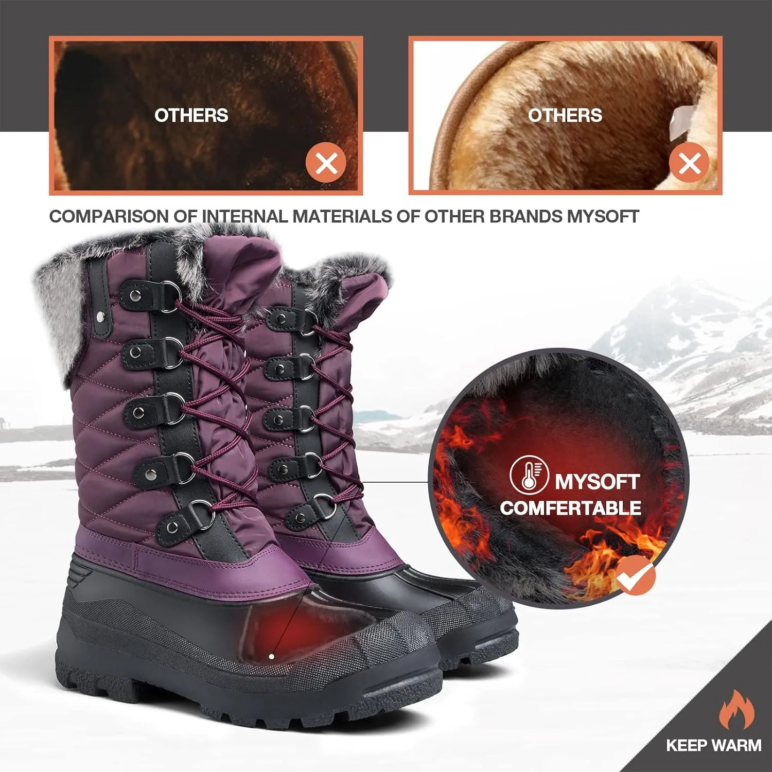 mysoft Women's Snow Boots Warm Insulated Faux Fur Lined Waterproof Mid-Calf Winter Boots