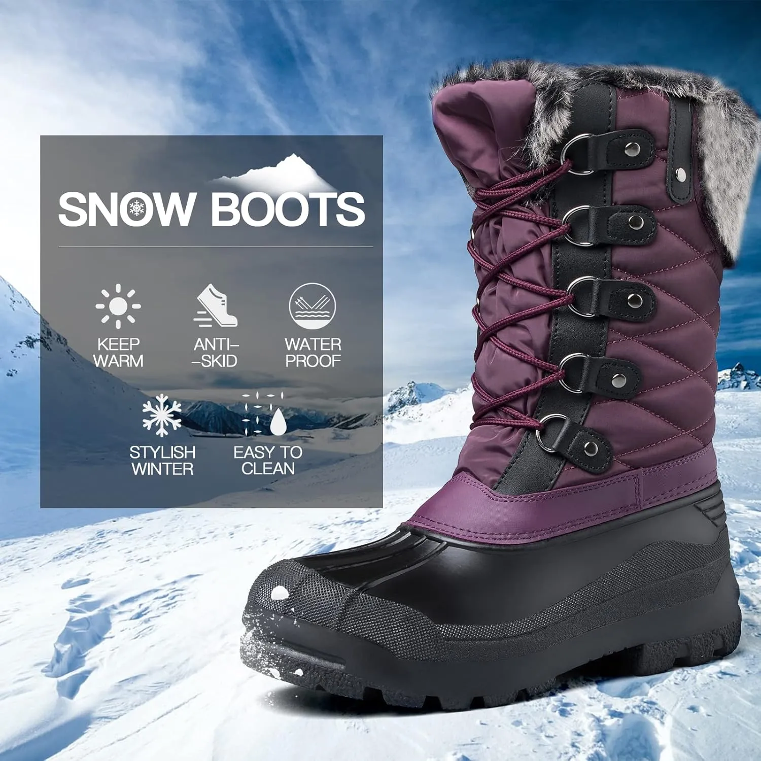 mysoft Women's Snow Boots Warm Insulated Faux Fur Lined Waterproof Mid-Calf Winter Boots