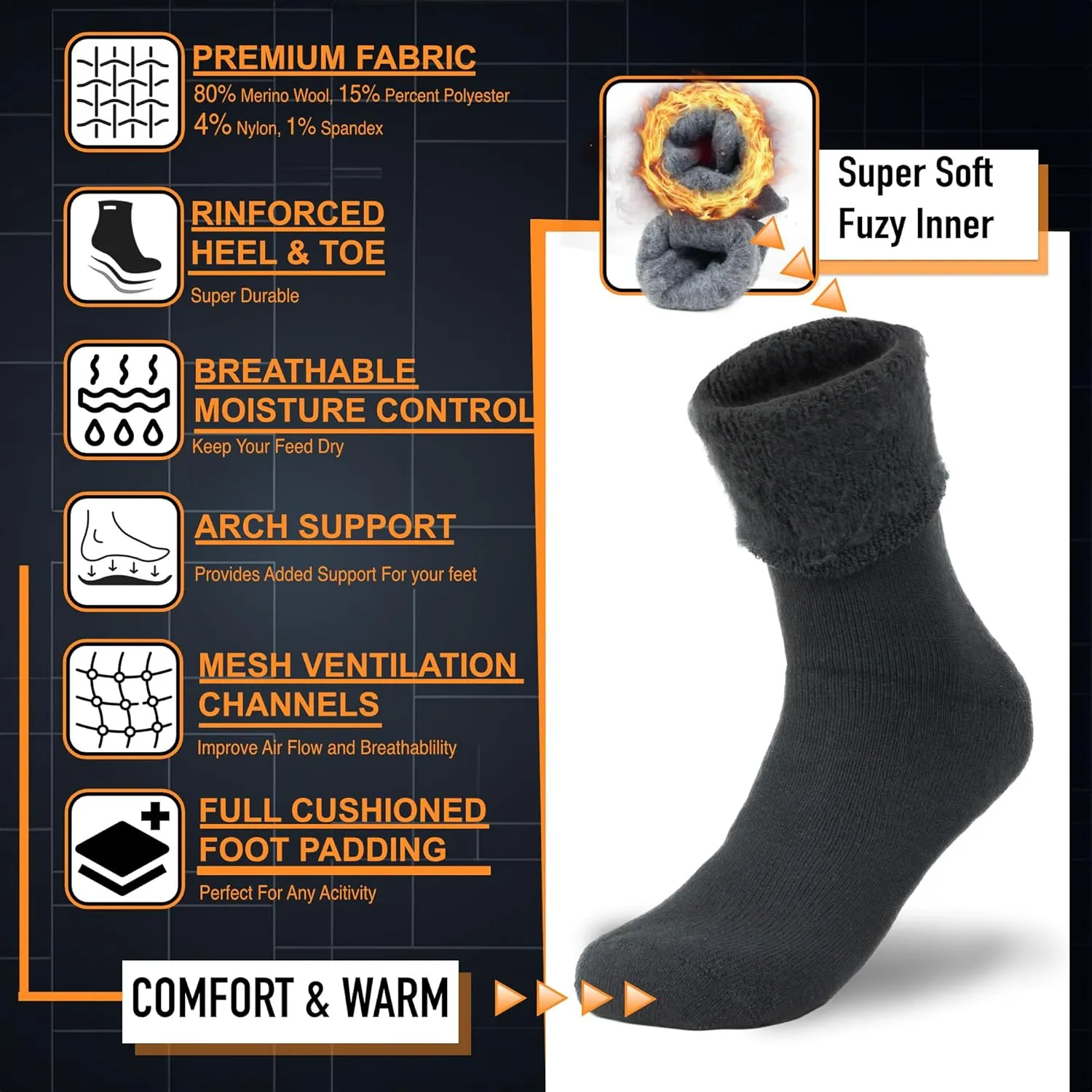 NevEND Men's Winter Thermal Boot Thick-Insulated Heated Wool Crew Socks 3 Pairs For Cold Weather Outdoor Activities