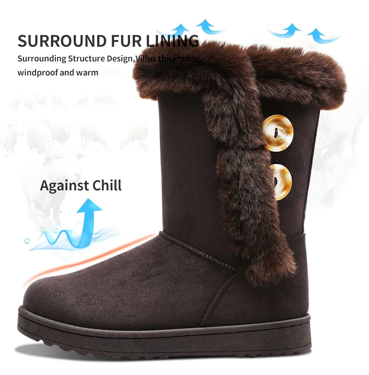 Obtaom Women’s winter snow boots Short Mid Calf fashion boot Art Resin button Faux Suede boots for women