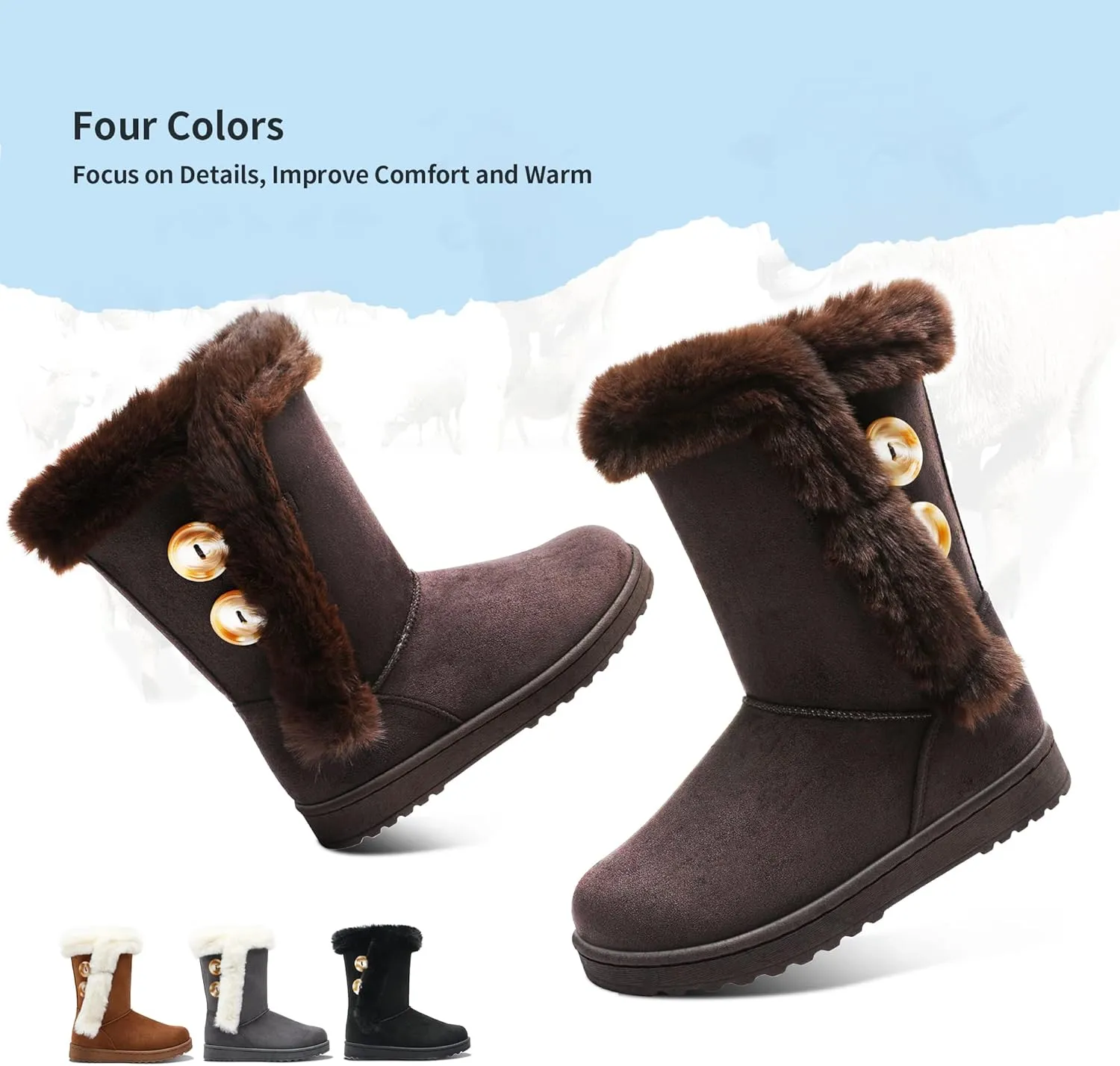 Obtaom Women’s winter snow boots Short Mid Calf fashion boot Art Resin button Faux Suede boots for women