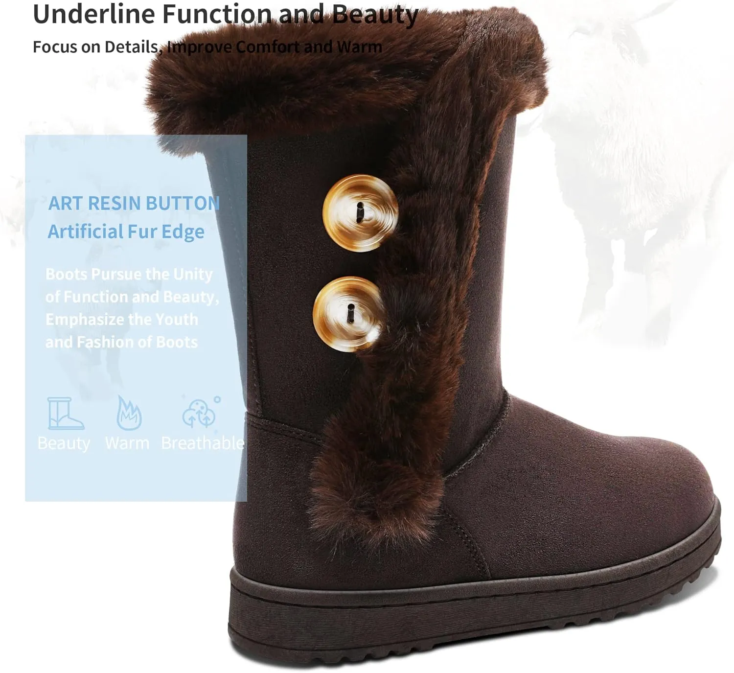 Obtaom Women’s winter snow boots Short Mid Calf fashion boot Art Resin button Faux Suede boots for women